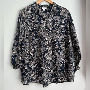 J. Jill Navy and Tan Floral Paisley Shirt Button-Up Blouse Women's Medium